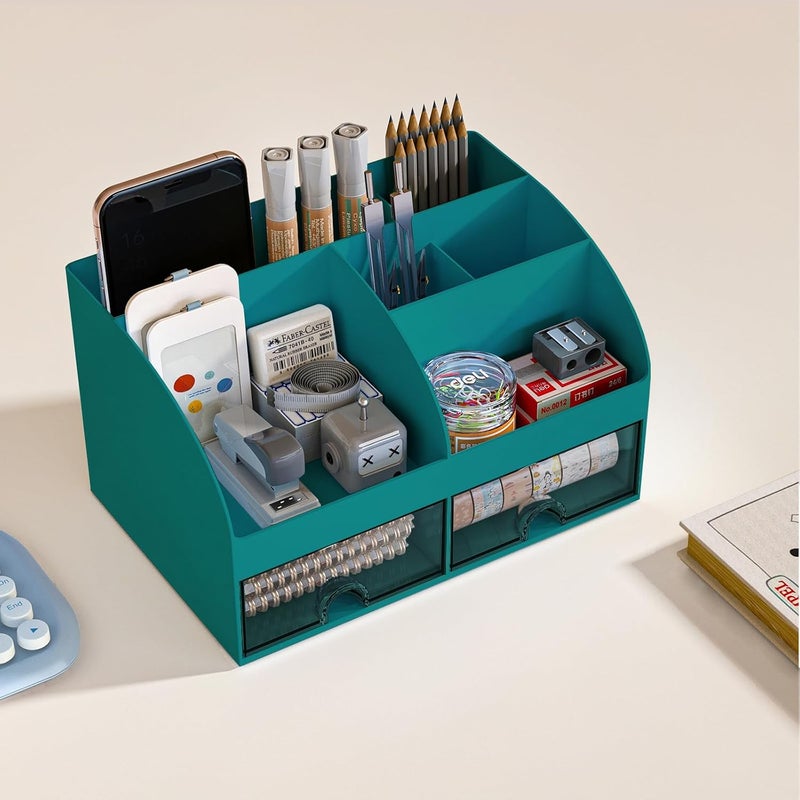COMFYROOM Desk Organizer with 6 Compartments and 2 Drawers, Plastic Makeup Organizer, Pen Holder for Desktop Storage, Desk Organization for School, Home, Office Supplies (Dark Green) - Image 3